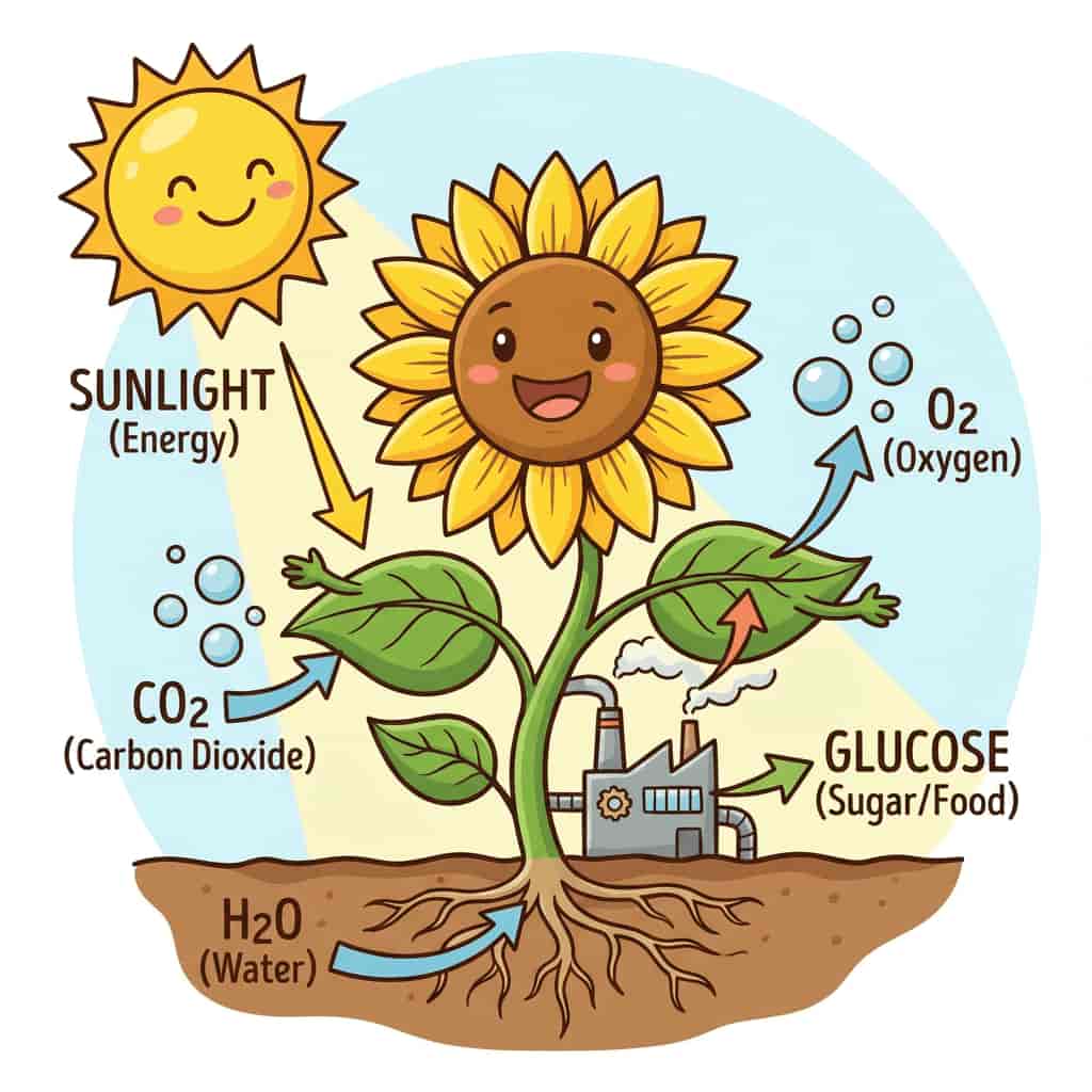 Plant photosynthesis principle cartoon generated with Nana Banana AI text to image