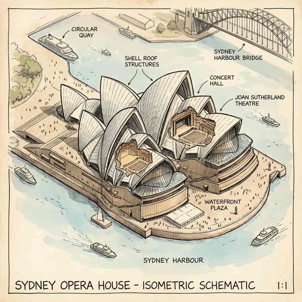 Sydney Opera House isometric diagram generated with Nana Banana AI text to image
