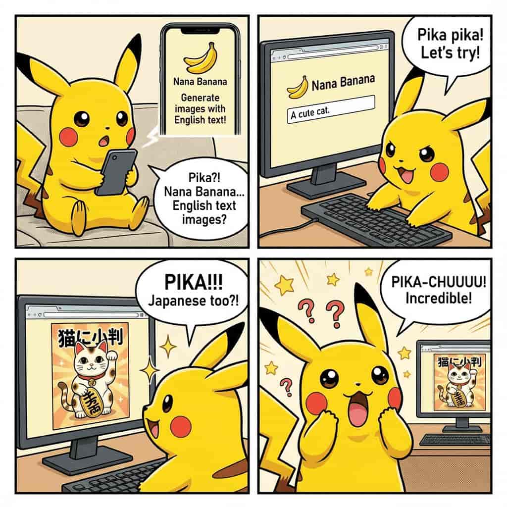 Pikachu four-panel comic generated with Nana Banana AI text to image