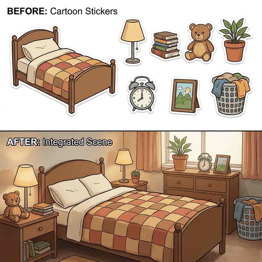 Objects or characters naturally integrated into an image generated with Nana Banana AI image to image