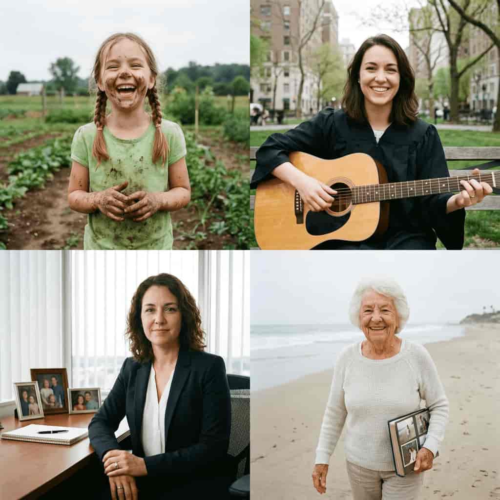 Four-panel character age progression generated with Nana Banana AI image to image